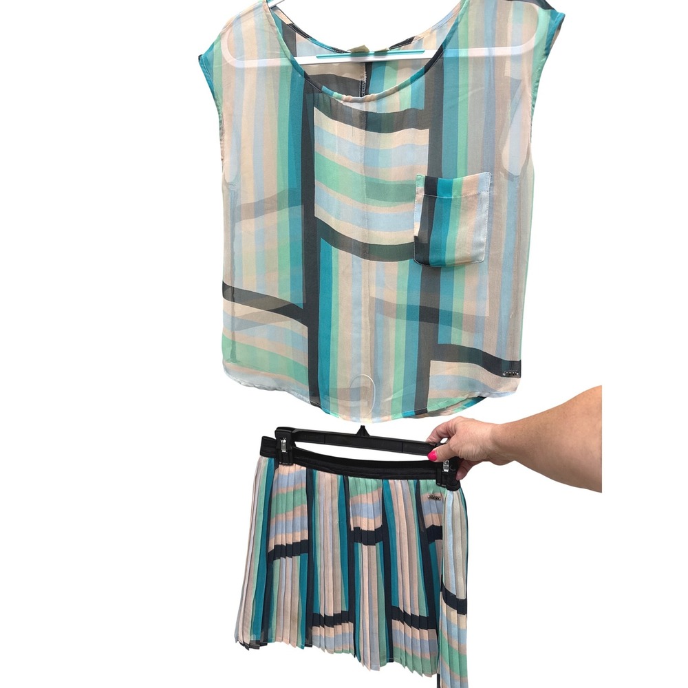 Roxy Multicolor Sheer Geometric‎ Stripe Top and Lined Skirt Set Womens Medium